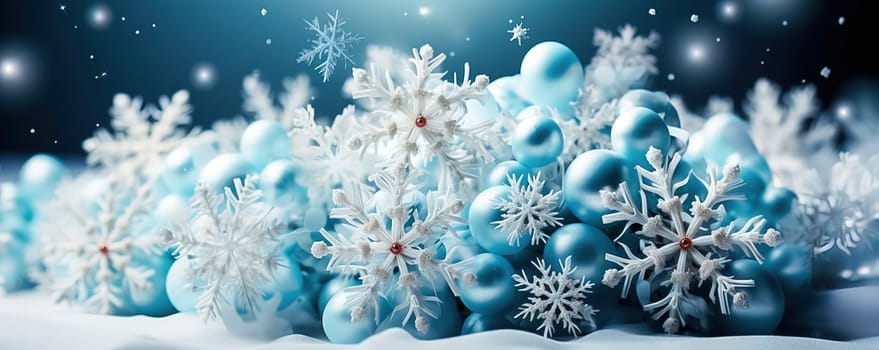 Winter Christmas blue background with fir trees, with snow and snowflakes. Generative AI. High quality illustration