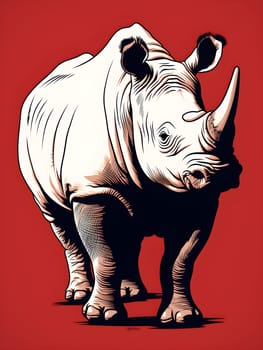 black and white rhinoceros on red background - minimalist style, AI generative
