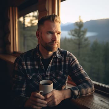 a 35-year-old Caucasian male wearing a flannel shirt and denim jeans in a cozy cabin setting