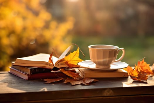 Fall season. Cup of hot tea and book in the park, autumn leaves , AI Generated