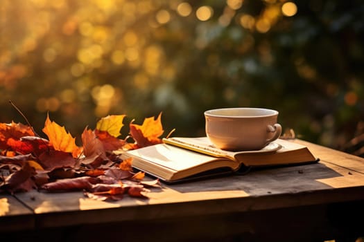 Fall season. Cup of hot tea and book in the park, autumn leaves , AI Generated