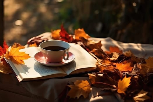 Fall season. Cup of hot tea and book in the park, autumn leaves , AI Generated