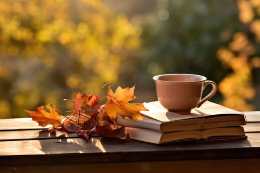 Fall season. Cup of hot tea and book in the park, autumn leaves , AI Generated