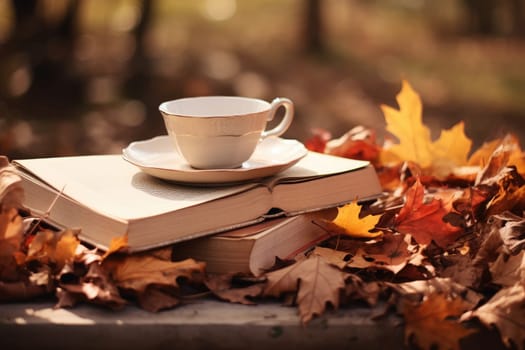 Fall season. Cup of hot tea and book in the park, autumn leaves , AI Generated