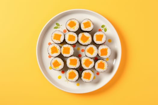 Minimal food. Sushi rolls on bright background, AI Generated. High quality photo