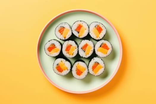 Minimal food. Sushi rolls on bright background, AI Generated. High quality photo