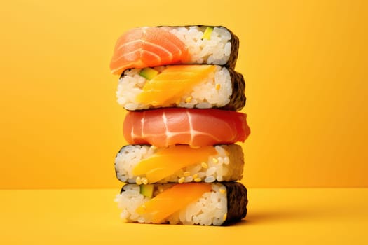 Minimal food. Sushi rolls on bright background, AI Generated. High quality photo