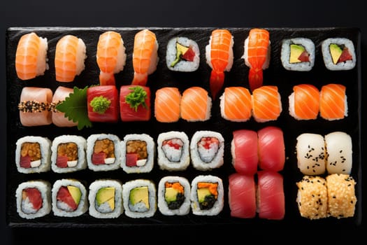 Minimal food. Sushi rolls on black background, AI Generated. High quality photo