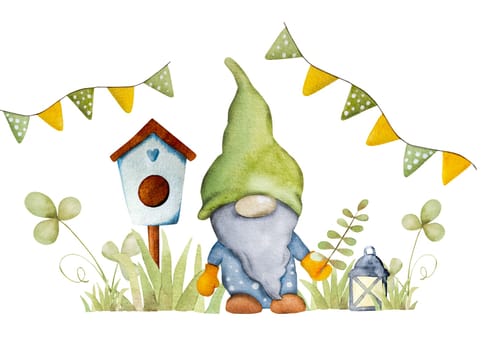 Garden dwarf with bird house in green grass watercolor cartoon painting for postcards. Cute gnome aquarelle drawing