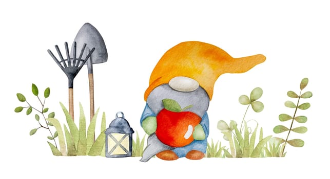 Colorful dwarf with garden tools and light in green grass watercolor cartoon painting for postcards. Cute gnome with red apple aquarelle drawing