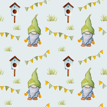 Garden dwarf with bird house in green grass watercolor cartoon painting seamless pattern. Cute gnome aquarelle drawing