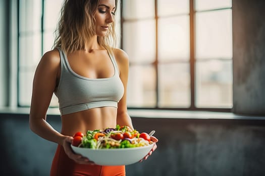 Young woman after a workout with a plate of healthy salad. The concept of fitness and healthy lifestyle. Generative AI. High quality illustration