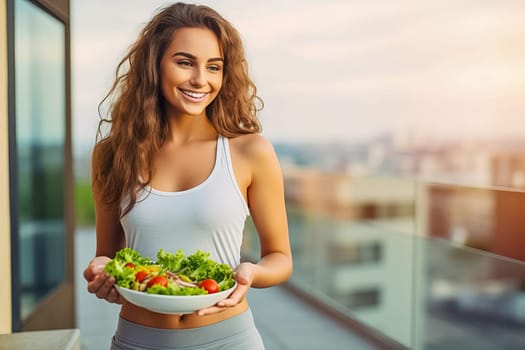 Young woman after a workout with a plate of healthy salad. The concept of fitness and healthy lifestyle. Generative AI. High quality illustration