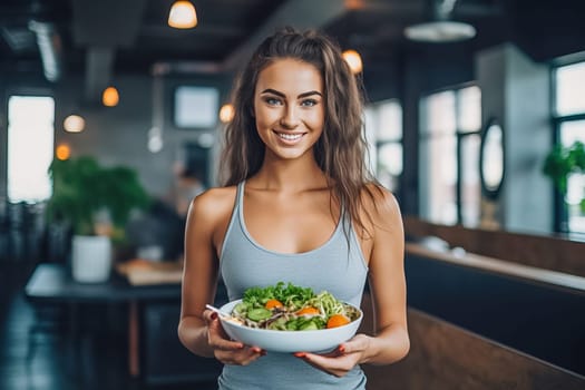 Young woman after a workout with a plate of healthy salad. The concept of fitness and healthy lifestyle. Generative AI. High quality illustration