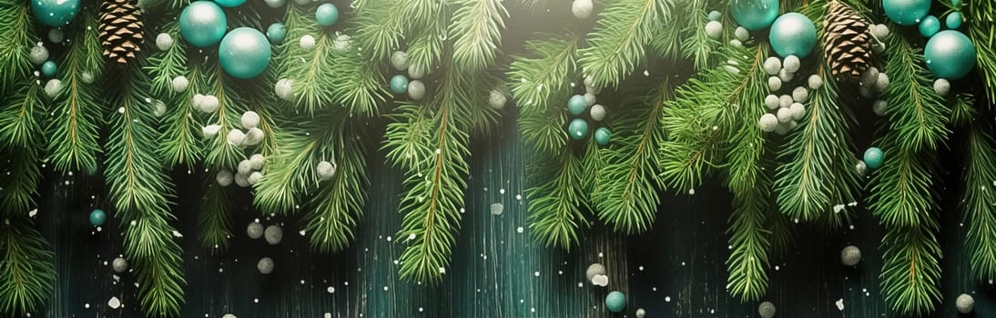 Christmas tree with Christmas balls as background, banner. Generative AI. High quality illustration