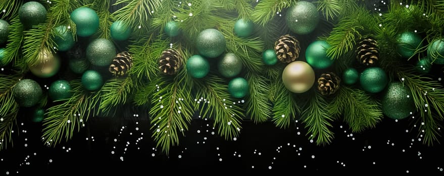 Christmas tree with Christmas balls as background, banner. Generative AI. High quality illustration