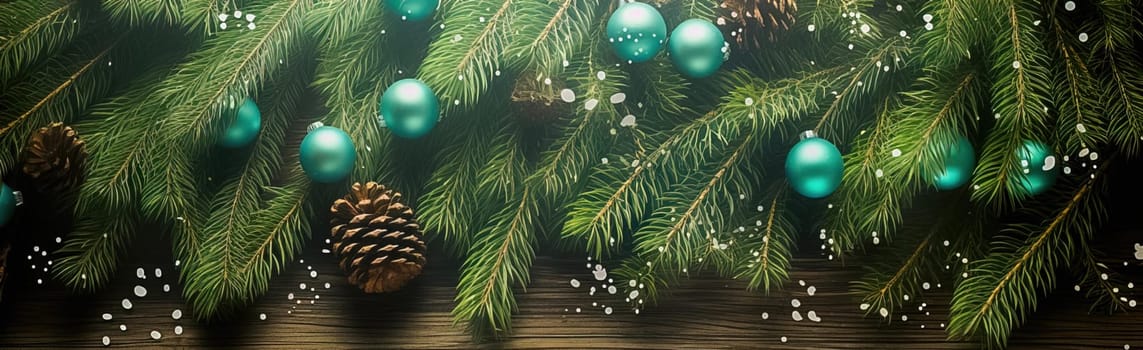 Christmas tree with Christmas balls as background, banner. Generative AI. High quality illustration