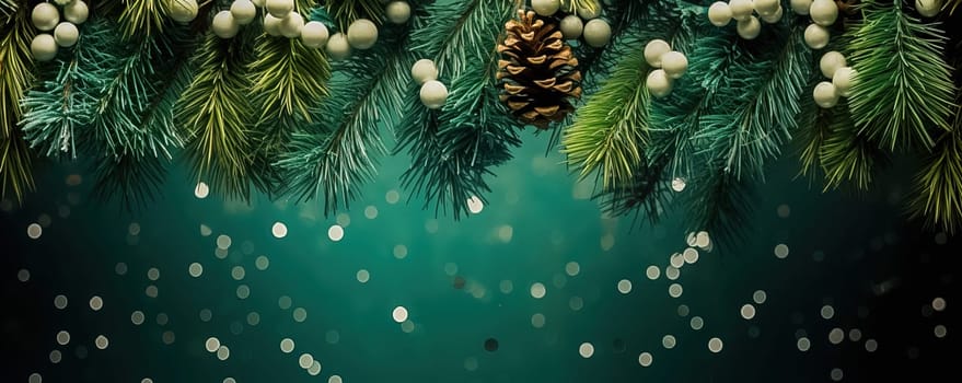 Christmas tree with Christmas balls as background, banner. Generative AI. High quality illustration