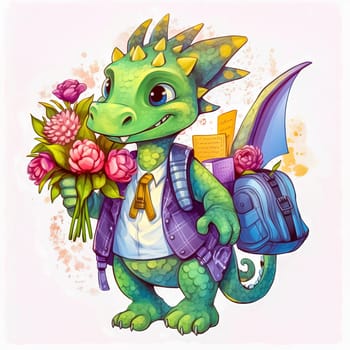 A cheerful dragon with a bouquet goes to school. The concept of the beginning of the school year. Generative AI. High quality illustration