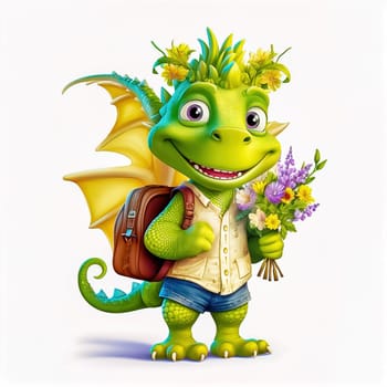 A cheerful dragon with a bouquet goes to school. The concept of the beginning of the school year. Generative AI. High quality illustration