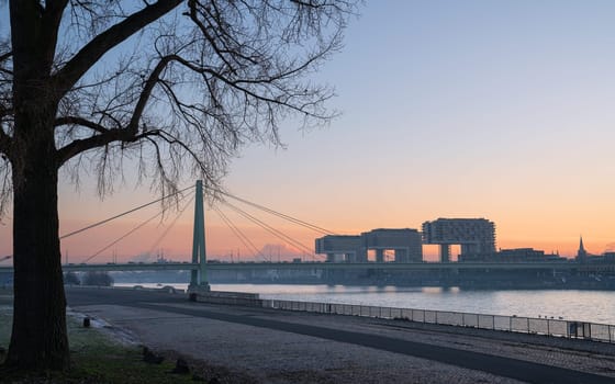 Panoramic image of modern buildings in the harbor of Cologne, Germany, Europe