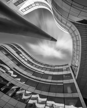 DUSSELDORF, GERMANY - JUNE 25, 2023: Low angle view to modern buildings in the city of Dusseldorf on June 25, 2023 in Germany, Europe