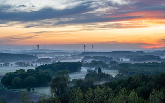 Evening mood, hills of Lower Rhine during sunset with evening fog, North Rhine Westphalia, Germany