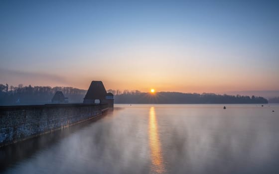 Moehne lake on a cold winter morning, Sauerland, Germany