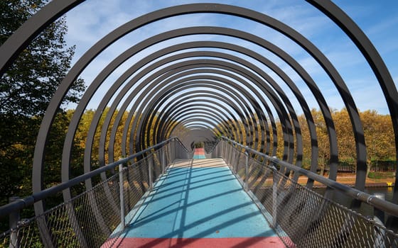 Panoramic image of bridge Slinky Springs to Fame, landmark of Ruhr metropolis Oberhausen, North Rhine Westphalia, Germany