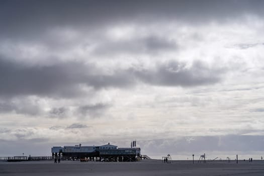 Panoramic image of beach houses of Sankt Peter Ording close to the North Sea, North Frisia, Germany