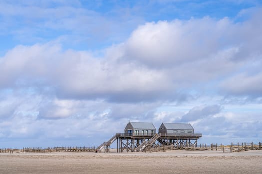 Panoramic image of beach houses of Sankt Peter Ording close to the North Sea, North Frisia, Germany