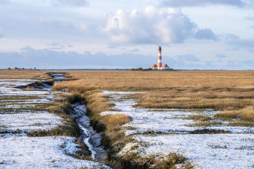 Panoramic image of Westerhever lighthouse against sky, North Frisia, Germany 