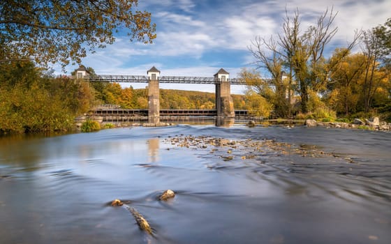 Panoramic image of Ruhr weir close to Wickede during autumn, North Rhine Westphalia, Germany
