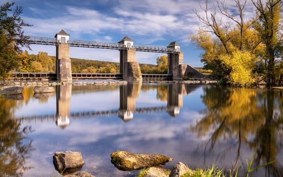 Panoramic image of Ruhr weir close to Wickede during autumn, North Rhine Westphalia, Germany