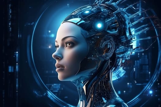 Female android face on dark background. Artificial intelligence concept. Futuristic robot head with technology neural system. AI