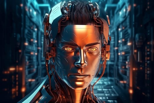 Male android face on dark background. Artificial intelligence concept. Futuristic robot head with technology neural system. AI