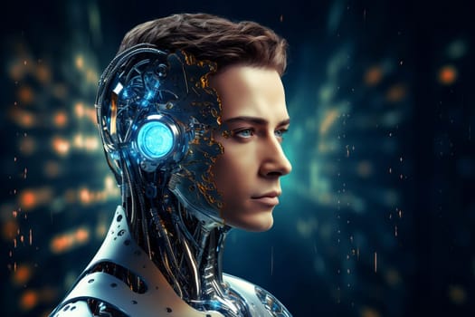Male android face on dark background. Artificial intelligence concept. Futuristic robot head with technology neural system. AI