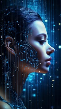 Female android face on dark background. Artificial intelligence concept. Futuristic robot head with technology neural system. AI