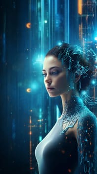 Female android face on dark background. Artificial intelligence concept. Futuristic robot head with technology neural system. AI