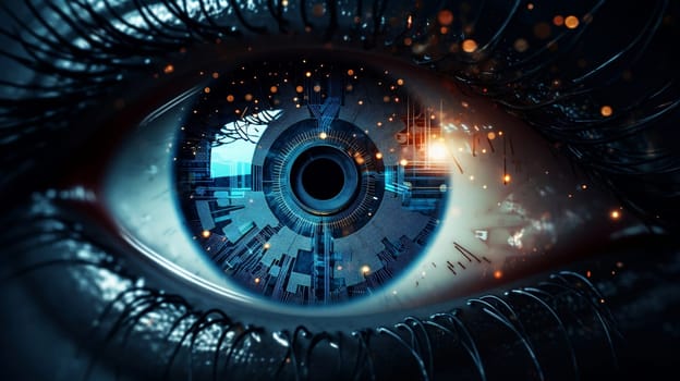 Eye pupil of a robot, cybernetic eye. Futuristic eye of robot. AI. Human android cyborg eye futuristic control protection personal internet security access