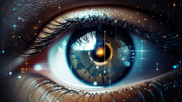 Eye pupil of a robot, cybernetic eye. Futuristic eye of robot. AI. Human android cyborg eye futuristic control protection personal internet security access