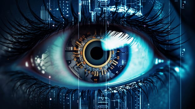 Eye pupil of a robot, cybernetic eye. Futuristic eye of robot. AI. Human android cyborg eye futuristic control protection personal internet security access