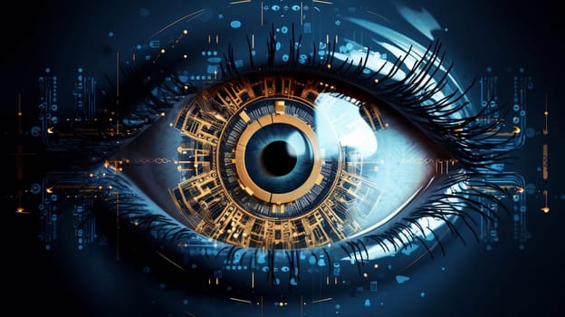 Eye pupil of a robot, cybernetic eye. Futuristic eye of robot. AI. Human android cyborg eye futuristic control protection personal internet security access