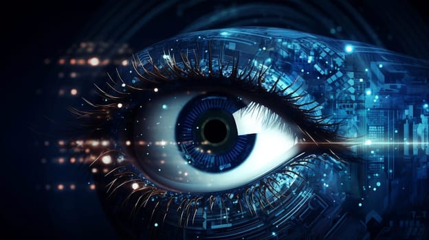 Eye pupil of a robot, cybernetic eye. Futuristic eye of robot. AI. Human android cyborg eye futuristic control protection personal internet security access