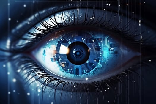 Eye pupil of a robot, cybernetic eye. Futuristic eye of robot. AI. Human android cyborg eye futuristic control protection personal internet security access