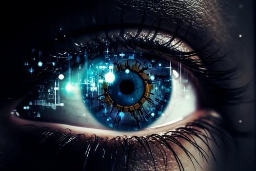 Eye pupil of a robot, cybernetic eye. Futuristic eye of robot. AI. Human android cyborg eye futuristic control protection personal internet security access