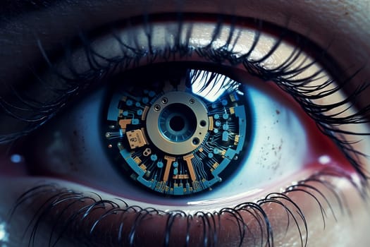 Eye pupil of a robot, cybernetic eye. Futuristic eye of robot. AI. Human android cyborg eye futuristic control protection personal internet security access