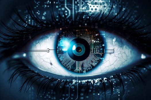 Eye pupil of a robot, cybernetic eye. Futuristic eye of robot. AI. Human android cyborg eye futuristic control protection personal internet security access