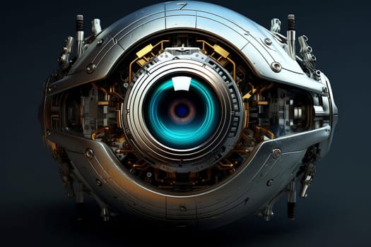 Eye pupil of a robot, cybernetic eye. Futuristic eye of robot. AI. Human android cyborg eye futuristic control protection personal internet security access