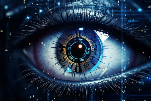 Eye pupil of a robot, cybernetic eye. Futuristic eye of robot. AI. Human android cyborg eye futuristic control protection personal internet security access